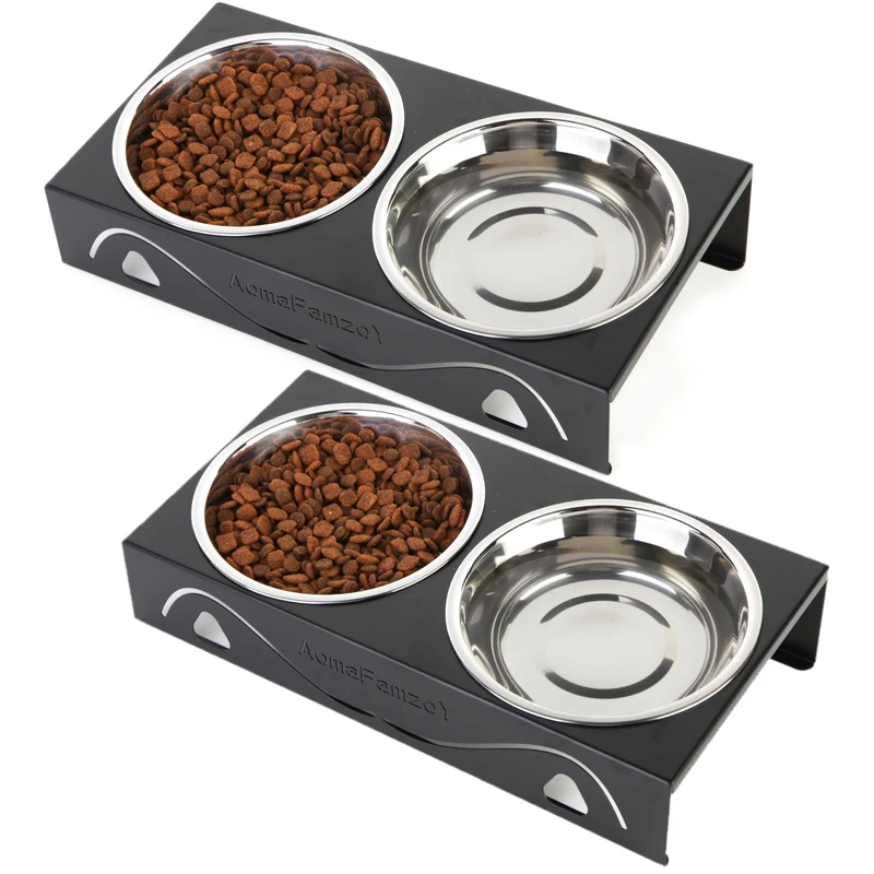 Aomafamzoy – Ensemble de 2 gamelles chat sur socle métal, inclinaison 5°, 4 bols inox