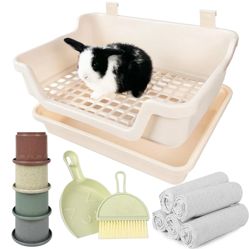 Yuoaes Grande Litière pour Lapin – Bac Plastique avec Grille et Bac de Vidage (Crème)