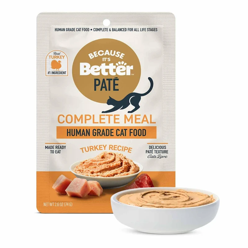 Because It’s Better Pâté Repas Complet pour Chat – Dinde Vraie, Ingrédients Humains, Sans Céréales, Sachets 74 g x12
