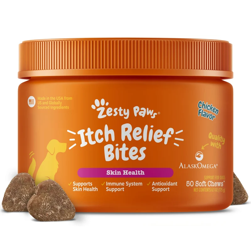 Zesty Paws Soulagement des démangeaisons pour chiens – Oméga-3 EPA/DHA, goût poulet, 50 bouchées