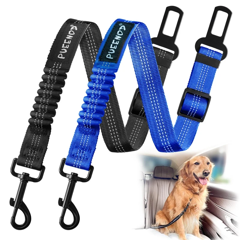 PUEENOD - Lot de 2 ceintures de sécurité pour chien ajustables, harnais voiture en nylon avec amortisseur élastique et réflectives (noir + bleu)