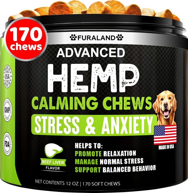 FURALAND – Bouchées calmantes au chanvre pour chiens | 170 bouchées anxiété, sommeil et articulation | Fabriqué aux États‑Unis