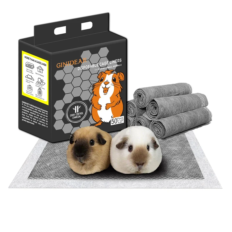 GINIDEAR Litière jetable pour cobayes – Tapis-cage 18×24 po, 50 pièces, Charbon neutralisant les odeurs et étanches