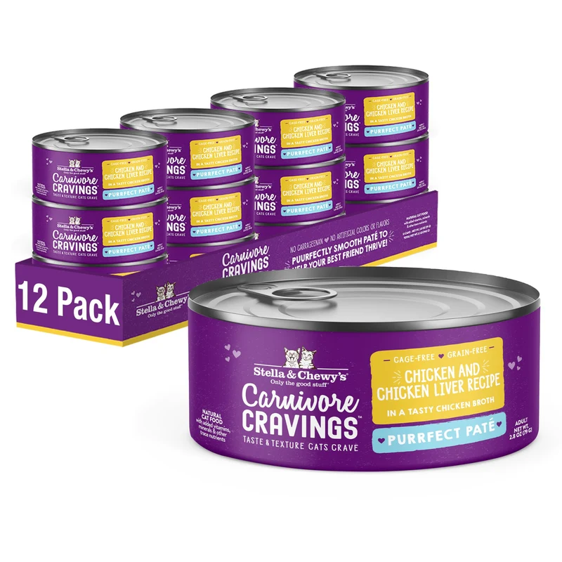 Stella & Chewy's Carnivore Cravings Purrfect Paté — Pâté humide sans céréales au poulet et foie, 2,8oz (12 boîtes)