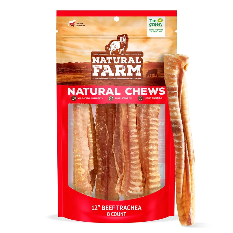Natural Farm Trachée de Boeuf 12 pouces – 8 Paquets | Friandises Croquantes pour Chiens