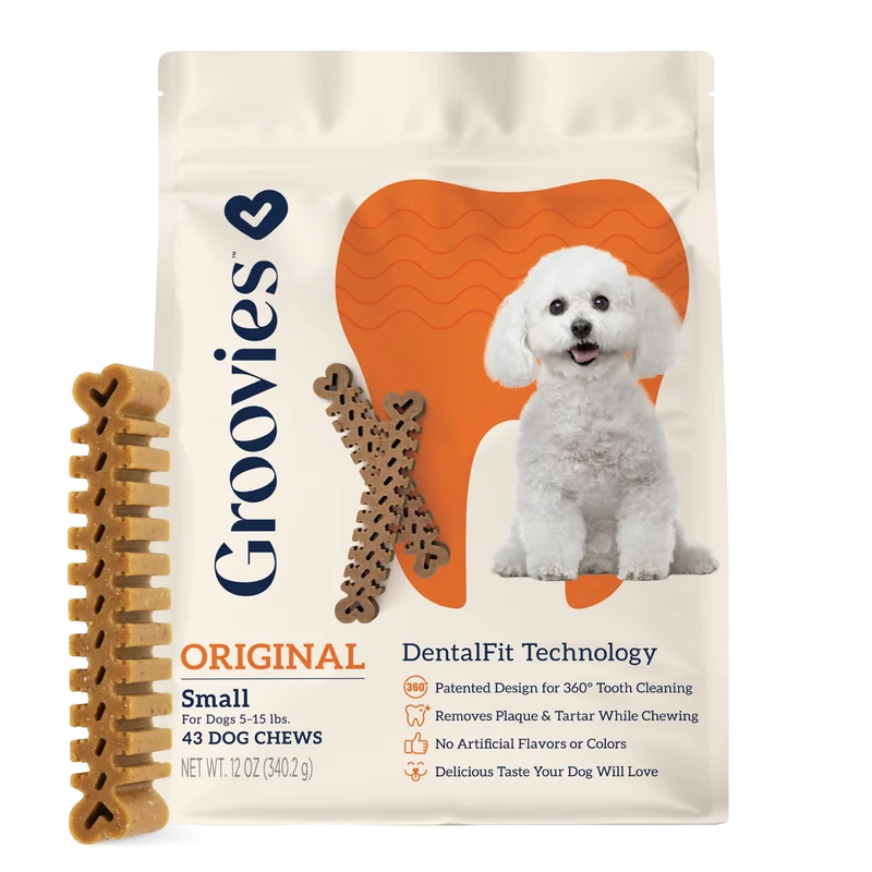 Groovies Friandises Dentaires Flexibles avec DentalFit — Contrôle du tartre et Haleine Fraîche pour Petits Chiens (5–15 lb), Fabriqué aux États-Unis, 43 bouchées