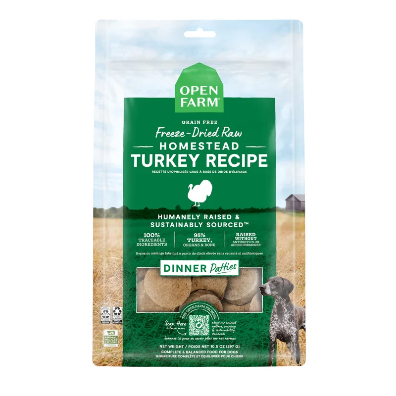 Open Farm – Nourriture crue lyophilisée pour chien en galettes, 95% viande, organes et os, recette dinde, sachet de 300 g