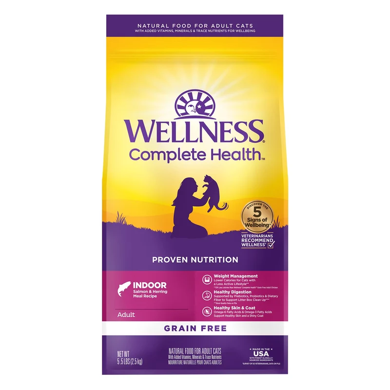 Wellness — Santé Complète: Croquettes Sans Céréales pour Chat Adulte d’Intérieur au Saumon et Hareng, 2,5 kg