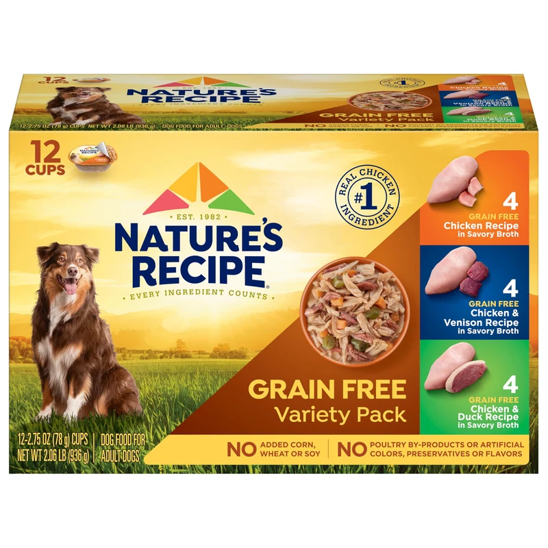 Nature’s Recipe – Pack Varié Sans Céréales : Poulet, Venaison et Canard en Bouillon, 12 portions de 2,75 onces, 2 paquets