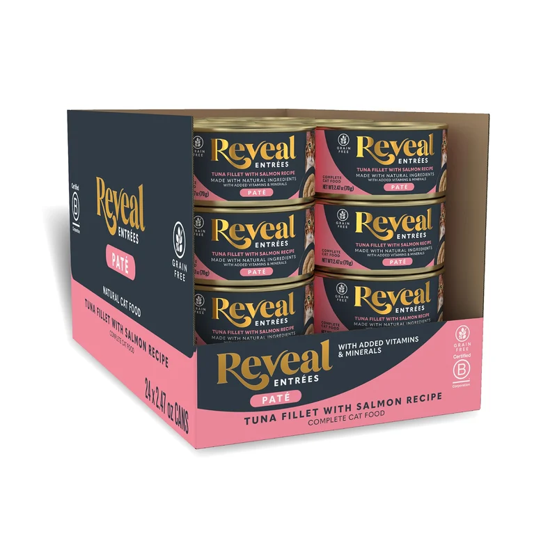 Reveal Entrées Chat – Pâté Humide Sans Céréales au Thon et Saumon, Protéines Élevées (24 boîtes de 2,47 oz)