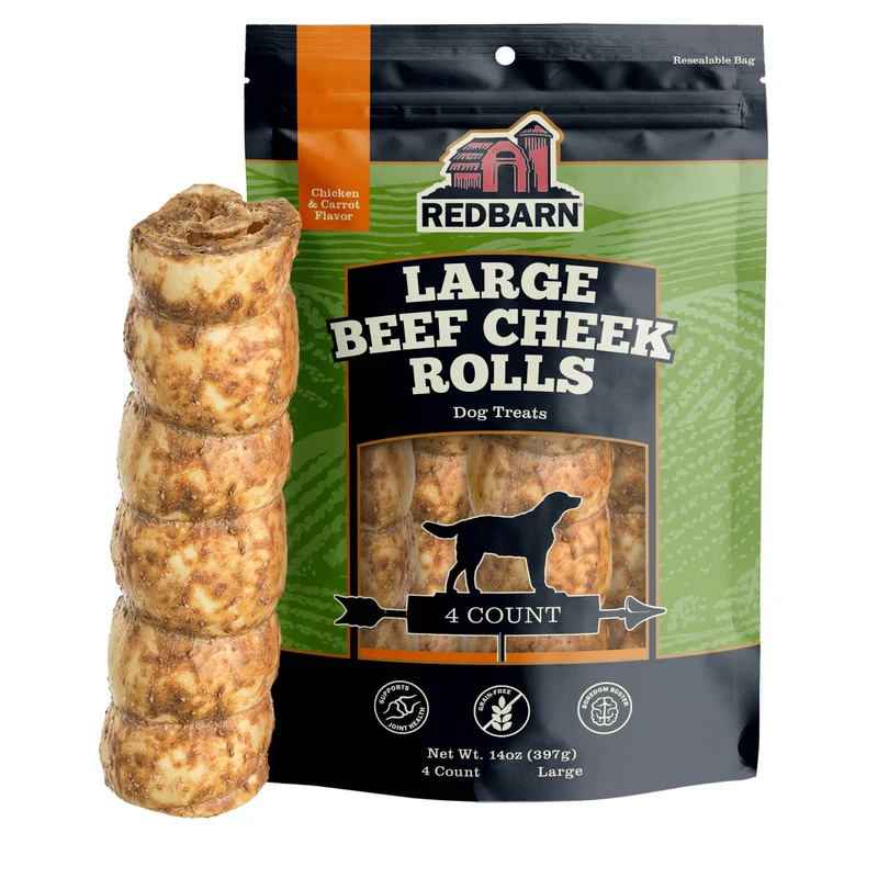 Redbarn Pet Products – Rouleaux de joue de boeuf pour chiens, glaçage poulet-carotte, sans céréales, riche en collagène – Lot de 4