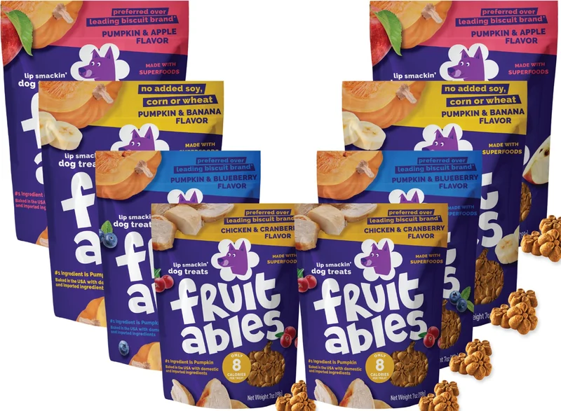 Fruitables Friandises Cuites au Four – Pack Découverte 8 x 7 oz (Citrouille & Pomme, Banane, Myrtille, Canneberge) pour Chien