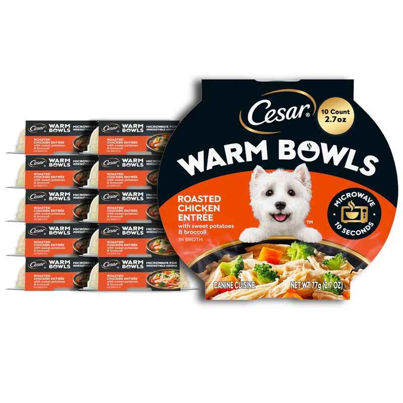 Cesar Bols Chauds Humides – Entrée Poulet Rôti avec Patates Douces et Brocoli dans Bouillon, 75 g, Lot de 10