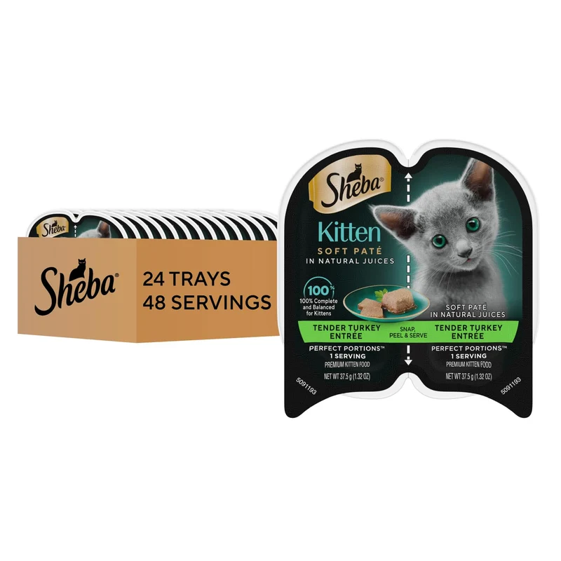 Sheba Perfect Portions pour chatons – Pâté humide au dindon, barquettes doubles de 74 g (24 barquettes, 48 portions)
