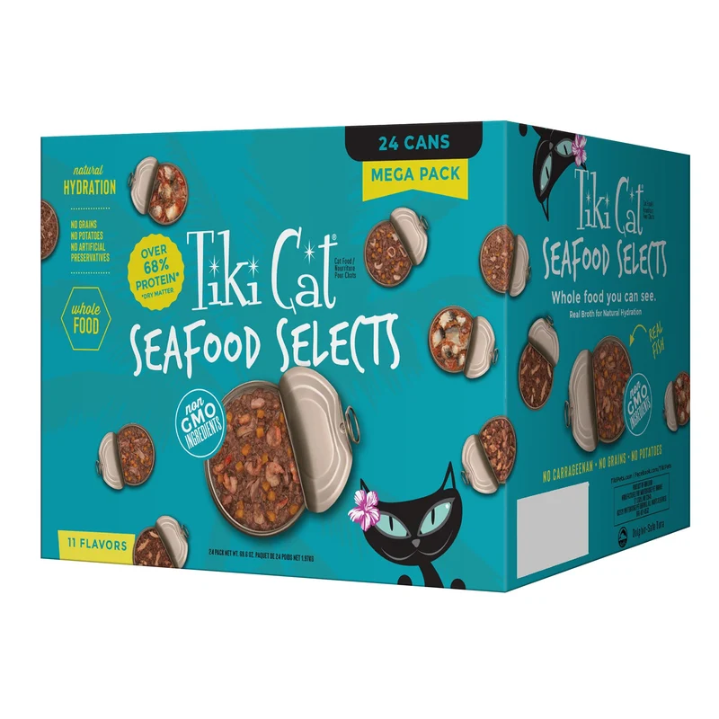 Lot Mega Tiki Cat - Sélections Fruits de Mer, 24 boîtes 2,8/3 oz
