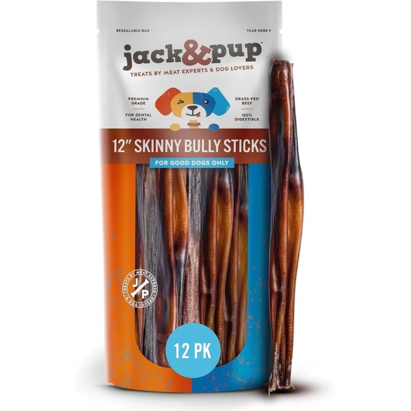 Jack&Pup Bâtonnets Bully Minces 12 Pouces – 100% Boeuf pour Petits Chiens (12 Pack)