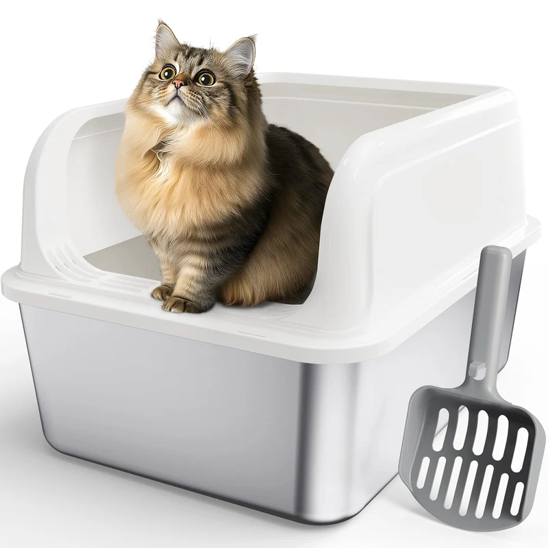 Powools Bac de litière en acier inoxydable pour chat – Hauts rebords, anti-fuite, facile à nettoyer | Taille M (1 pack)
