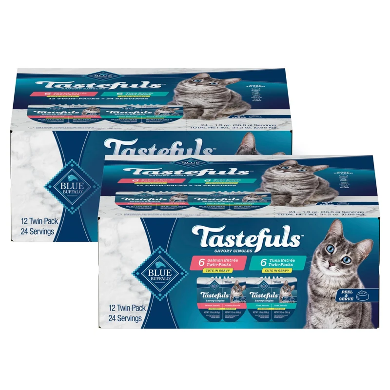 Blue Buffalo Tastefuls Savoureux Portions Humides pour Chat – Saumon et Thon en Sauce, Lot Double 24 Barquettes 2,6 oz