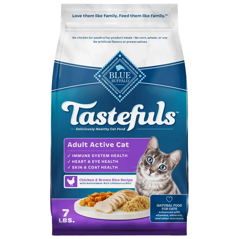 Blue Buffalo Tastefuls Naturel Sec Pour Chats Actifs – Poulet et Riz Brun, Sac 7 lb