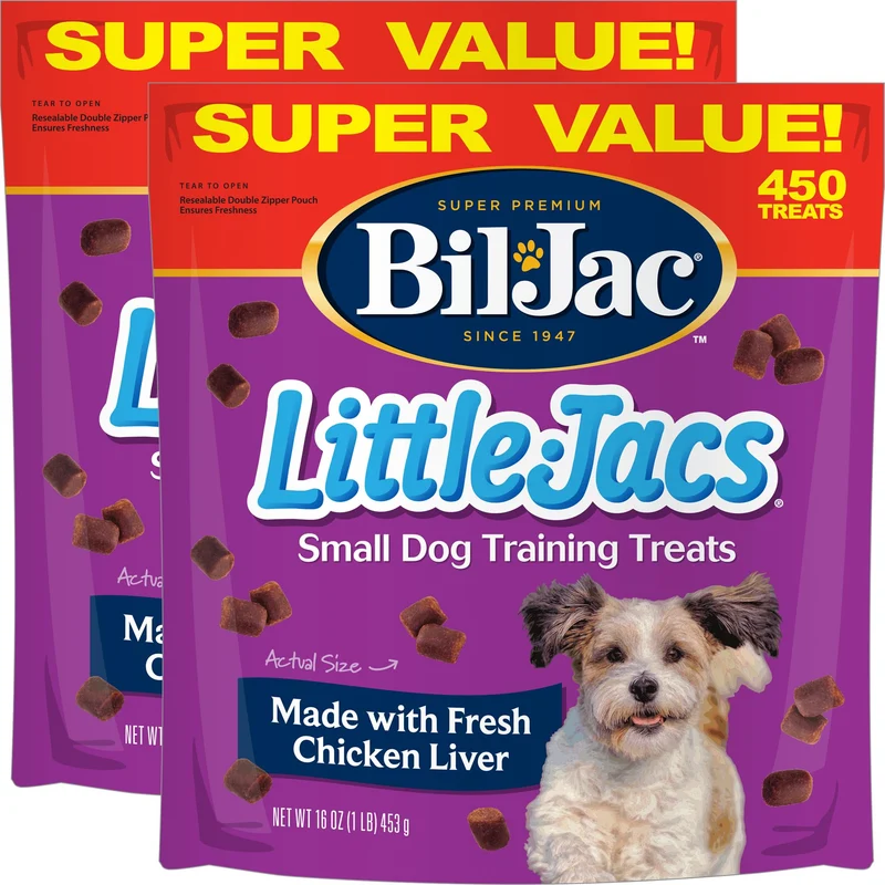 Bil-Jac Little Jacs – Friandises d’entraînement pour petits chiens, Saveur poulet et foie de poulet, 2 paquets de 8 onces