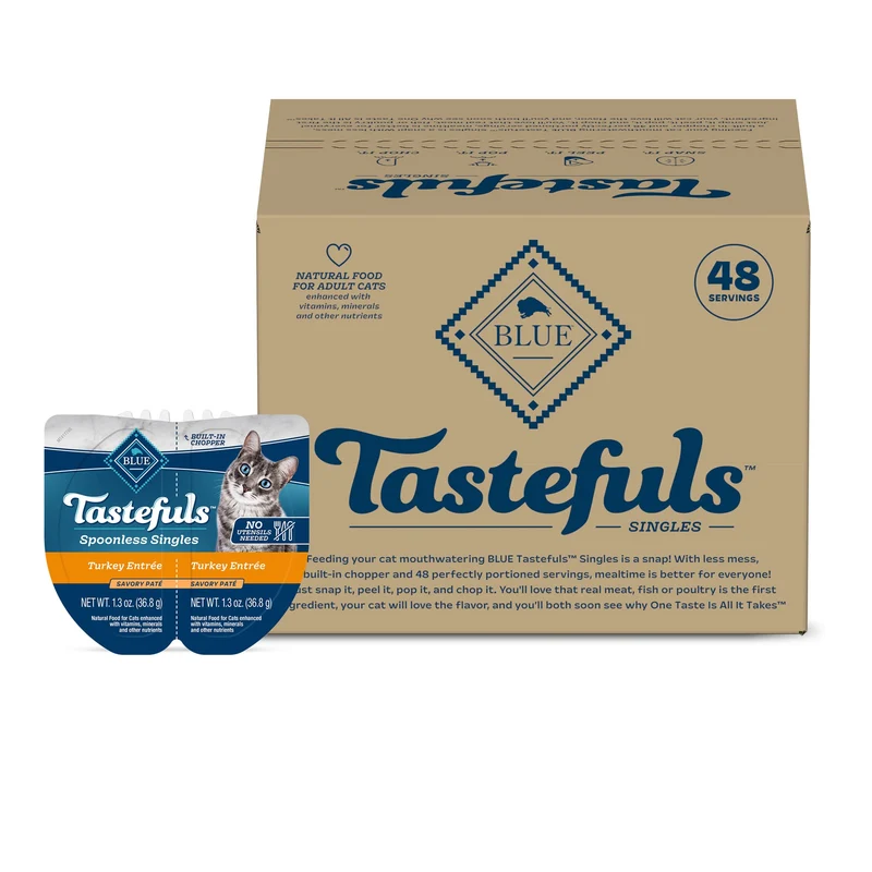 Blue Buffalo Tastefuls Sans Cuillère — Pâté Humide pour Chats Adultes, Dinde, Portions Prêtes en Gobelets Jumelés (24 x 2,6 oz)