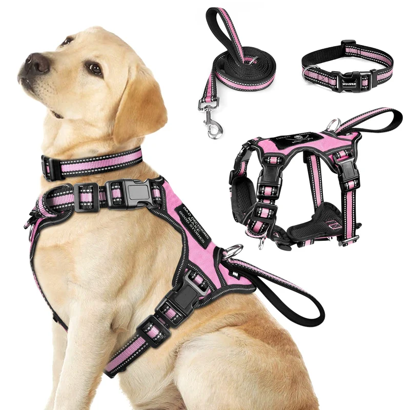 WINSEE Harnais Chien 3 en 1 Réfléchissant Rose – Anti-Tir, Laisse et Collier, Tailles XS à XL
