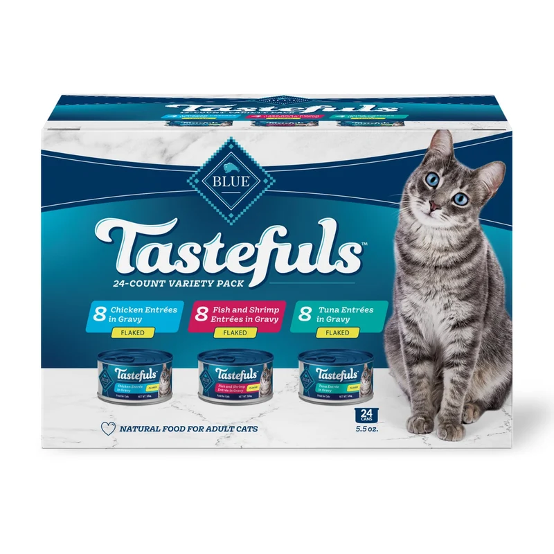 Blue Buffalo Tastefuls – Pack Variété Chats, Thon et Poulet et Poisson & Crevettes en Sauce, 24 boîtes 5,5 oz