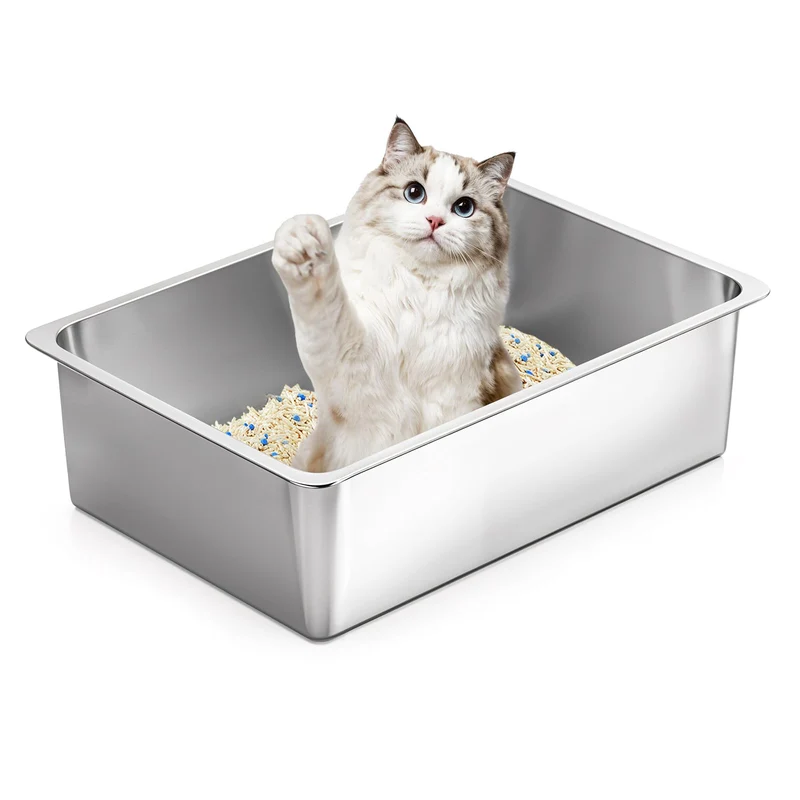 Kirecoo Litière en Acier Inox – Grand Bac pour Chats, Hauts Rebords, Facile à Nettoyer