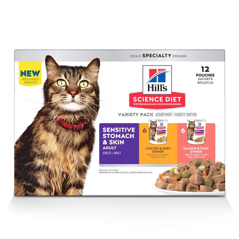Hill's Science Diet Chat Adulte Sensible — Estomac & Peau, Variété Humide en Poches 2,8 oz (12 sachets): Poulet & Boeuf, Saumon & Thon