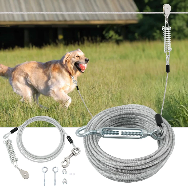 LUFFWELL Runner pour chien – 100 pieds + corde tie-out 15 pieds, système à chariot robuste pour grands chiens jusqu’à 250 lb (Argent)