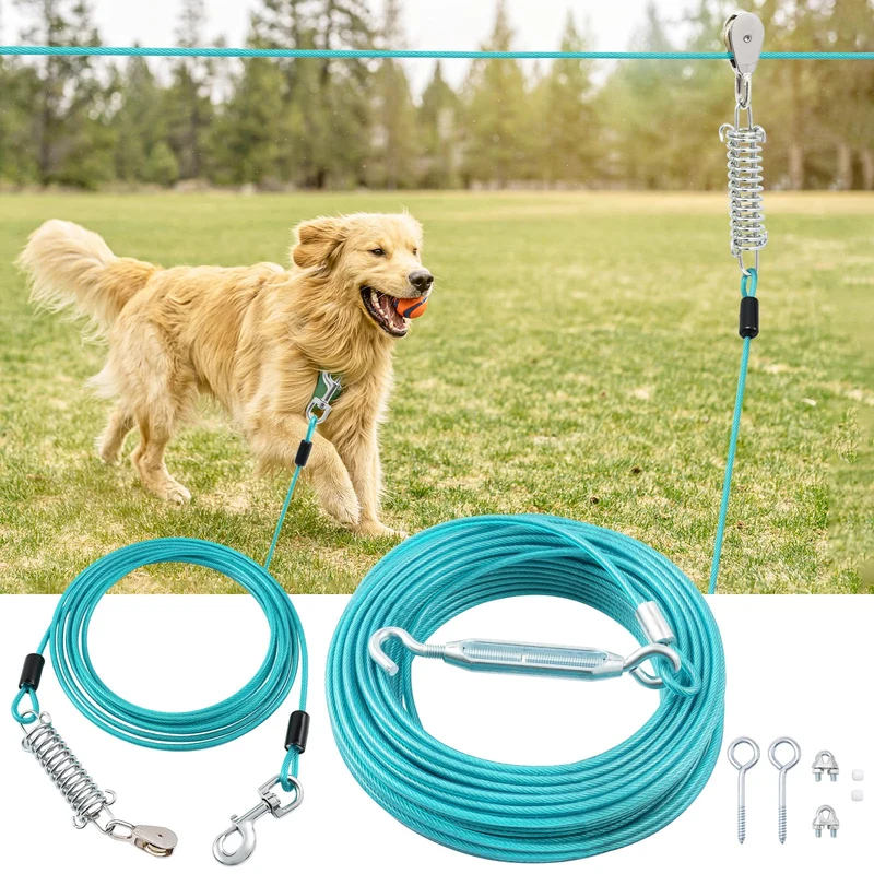 LUFFWELL Longe-Chien 100 pieds avec Câble de 15 pieds – Système Trolley Robuste pour Chiens jusqu’à 250 lb