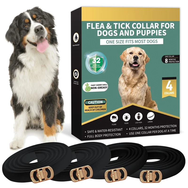 Lerqua Collier Antipuces pour Chiens – Pack4, 32 Mois de Protection, Étanche et Ajustable (Noir) – Taille Unique