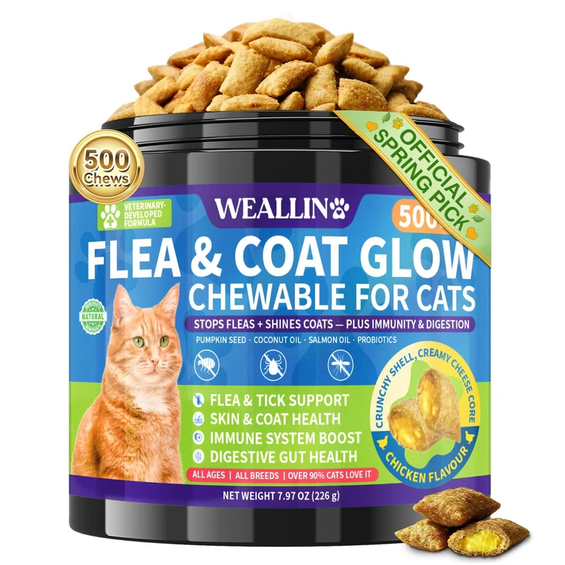WEALLIN – Prévention naturelle des puces et tiques pour chats | 500 bouchées croustillantes et crémeuses au poulet