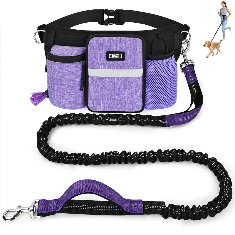 ETACCU Longe Mains Libres pour Chien - Poche Zippee, Amortisseur Double, Poignees Rembourrees, Taille Ajustable (Grand/Moyen, Violet)