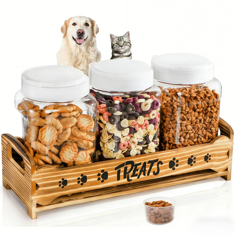 Tlence Boîte de friandises pour chiens et chats — 3 bocaux plastiques, socle en bois, hermétique