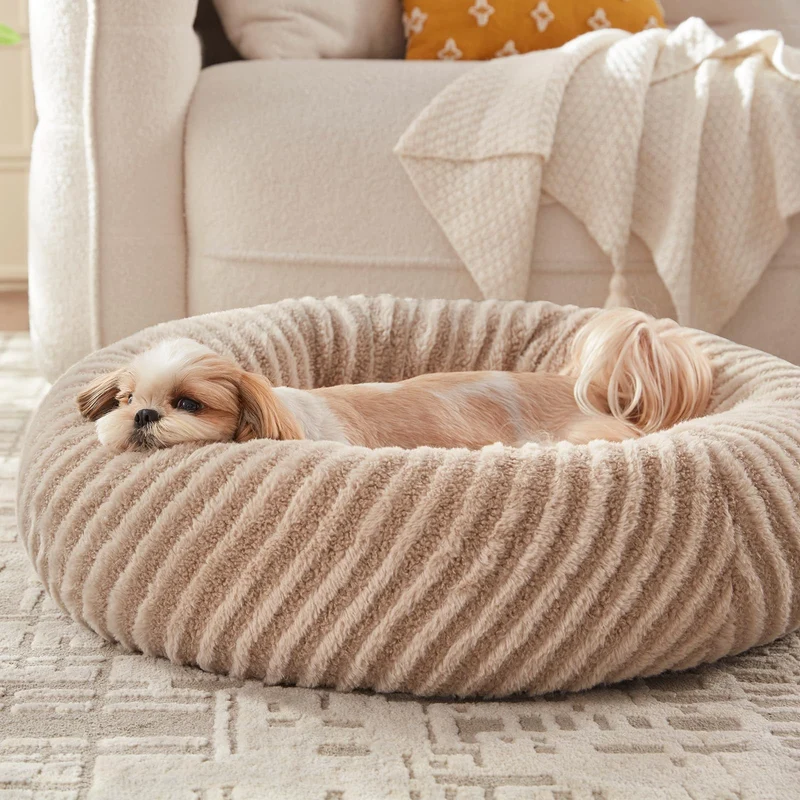 MIXJOY Panier en forme beignet – Lit rond lavable pour petits chiens et chats, 23×23×8 po, beige