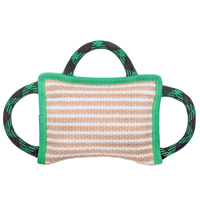 ToLanbbt Oreiller de Traction en Jute – 3 Poignées, Taille 18x26 cm, Entraînement pour Chiens Moyens à Grands, Vert