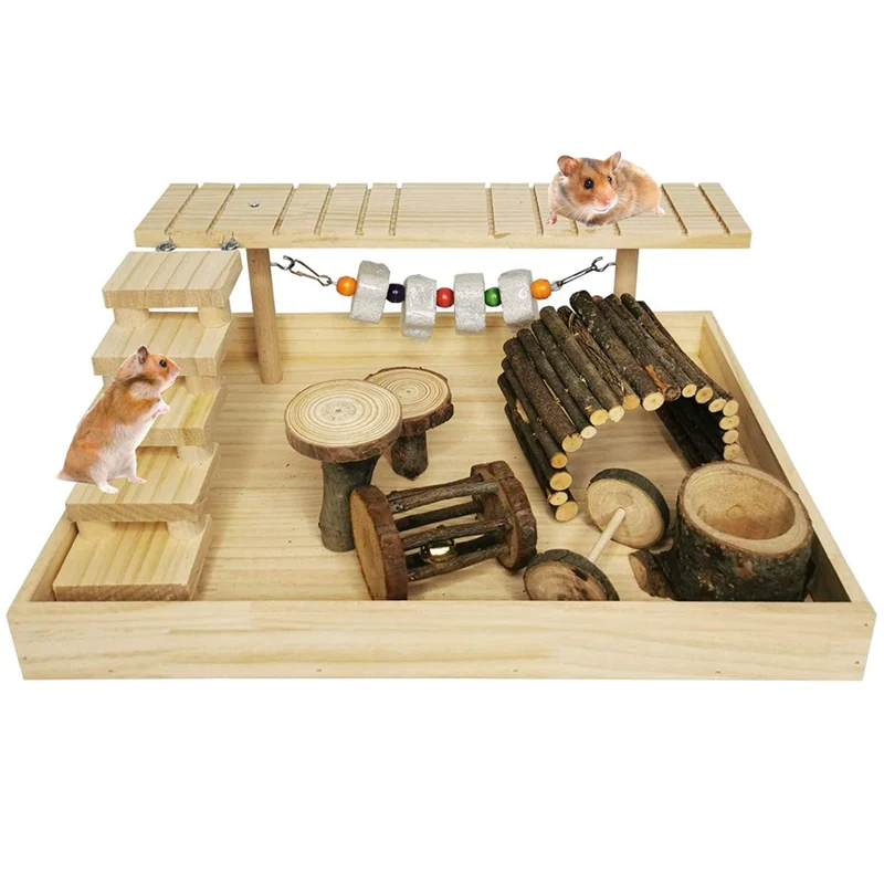 Hamiledyi Parc d'Activité en Bois pour Hamster Nain – Plateforme à Deux Niveaux et Accessoires