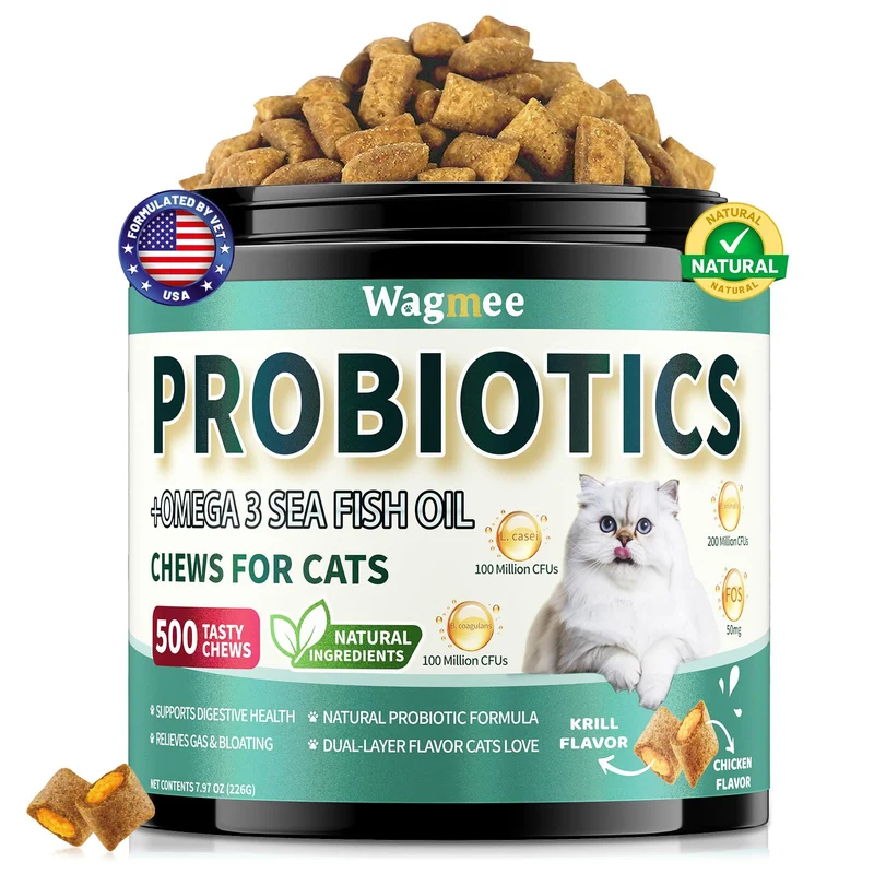Wagmee Cat Probiotiques – Bouchées croustillantes et crémeuses, Omega-3 pour peau et pelage, soutien digestif