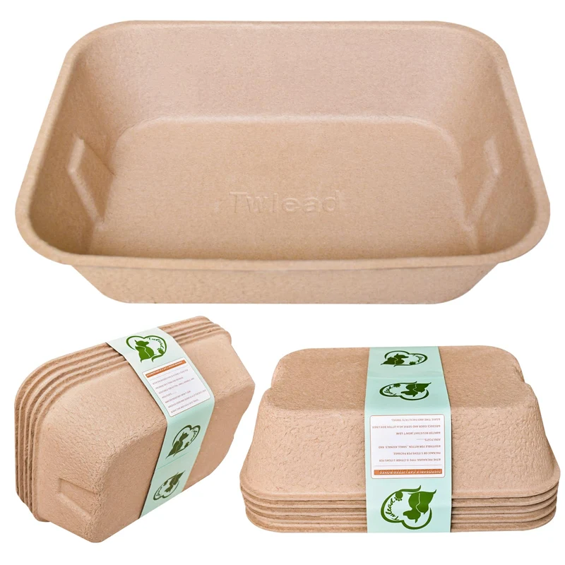 Twlead Boîte à Litière Jetable pour Chats – Pack 5 + Serviette, Papier 100% Recyclé, 16,14 x 11,81 x 3,94 pouces – Brun