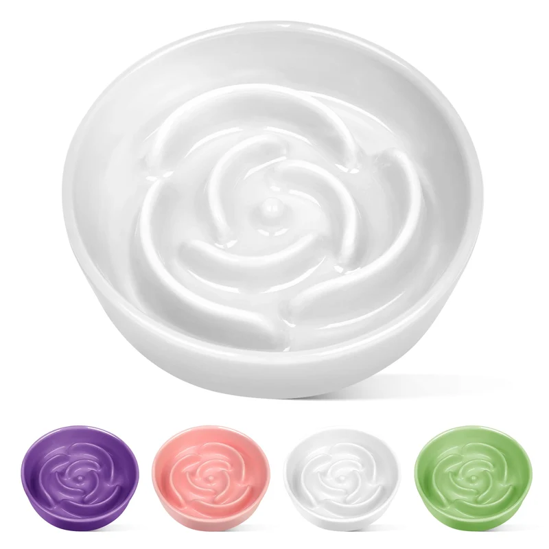 TRUVIC Bol en céramique à alimentation lente pour chiens — Labyrinthe pétales 1,5 tasse, sans taches sous le museau, pour chien moyen, blanc