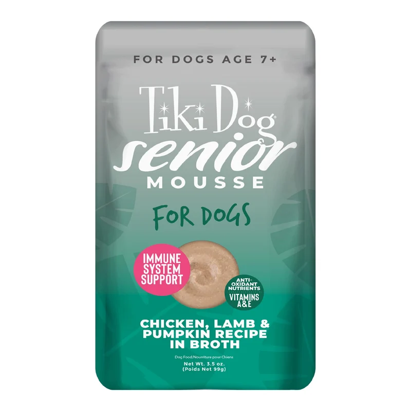 TIKI PETS Tiki Dog Senior Mousse – Poulet, Agneau et Citrouille, Sachets 3,5 oz (12 pcs) | Aliment Humide pour Chiens Seniors