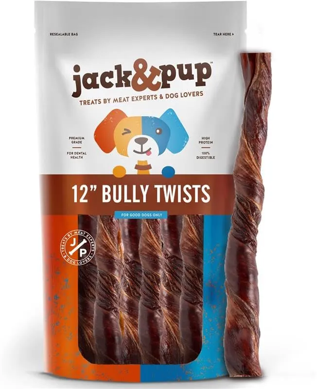 Jack&Pup 12 pouces Bully Twists – Bâtons Bully Sans Odeur pour Chiens | Ingrédient Unique | Tous les Races (15 pièces)