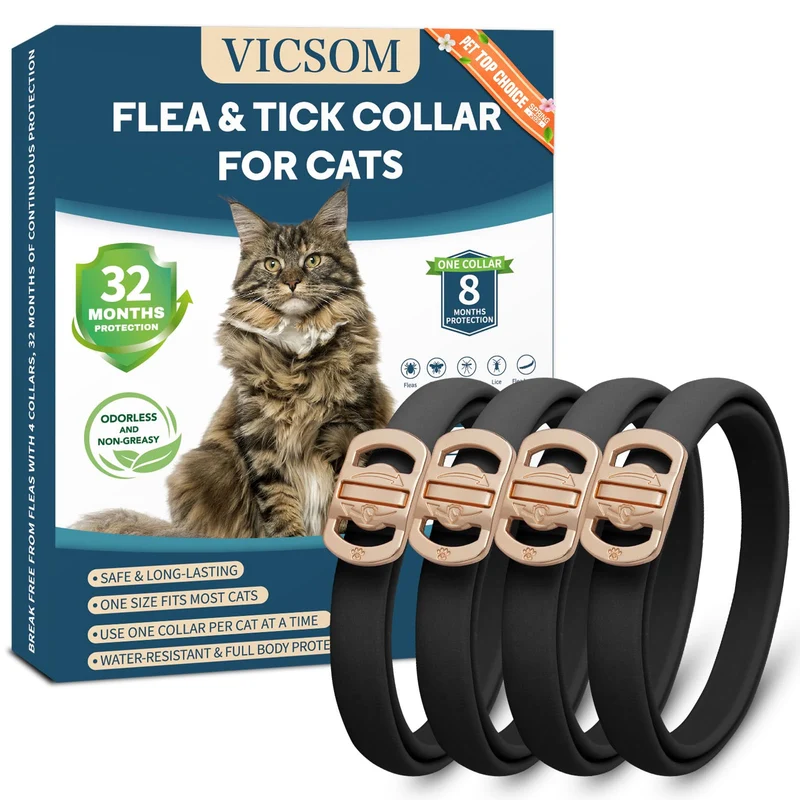 Collier anti-puces pour chats – Lot de 4, 32 mois de protection, noir, étanche et réglable 48 cm – VICSOM