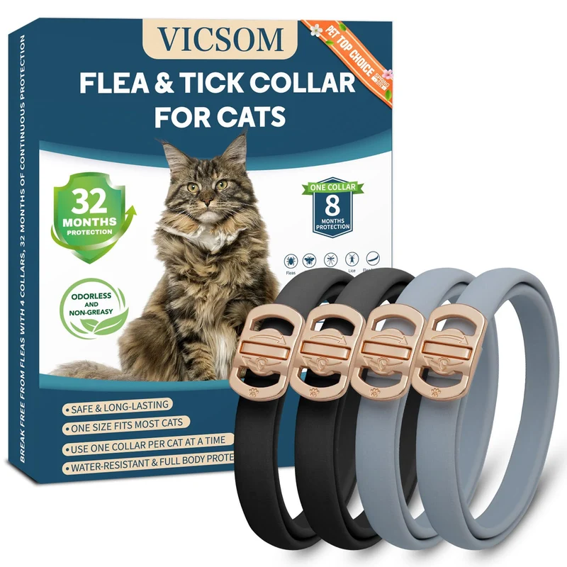 VICSOM Collier antiparasitaire pour chats – Pack 4, 32 mois, Étanche et Ajustable