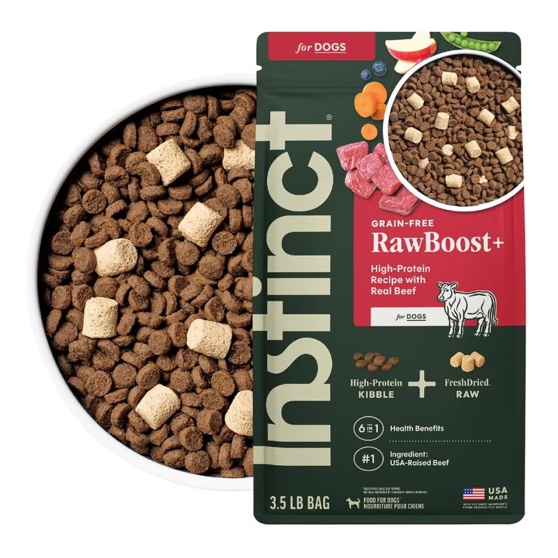 Instinct RawBoost — Nourriture sèche naturelle pour chien sans céréales au boeuf réel, haute protéine, sachet 3,5 lb