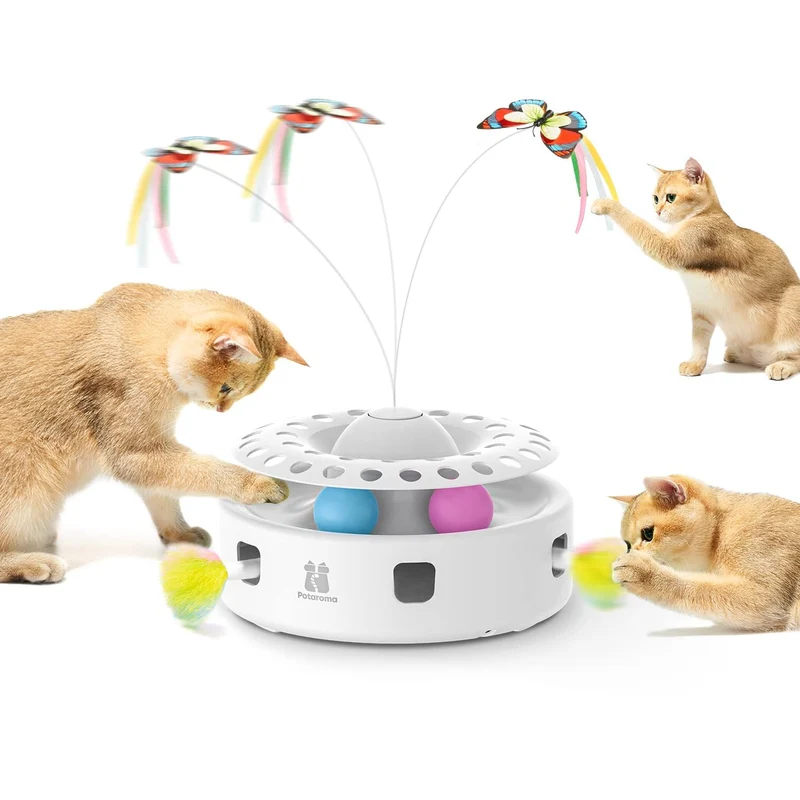 Potaroma – Jouet Chat 3en1 Automatique : Papillon Flottant, Plume Mobile et Balle sur Piste | Alimentation USB ou Piles