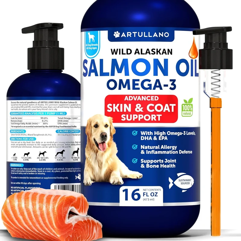 Artullano Huile de Saumon pour Chiens – Oméga 3 EPA/DHA, 473 ml – Soin peau/poil et mobilité