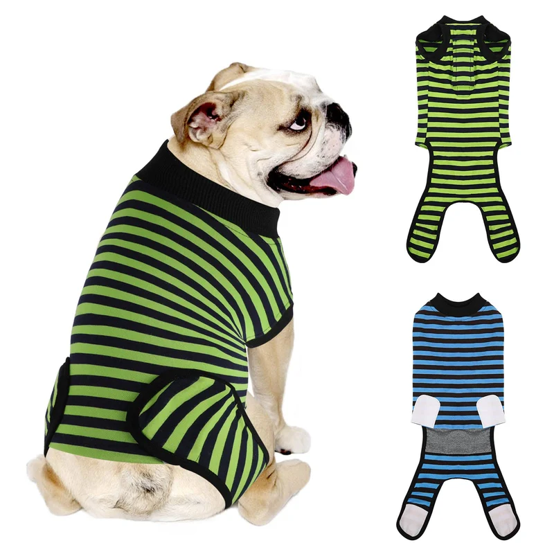 QUEARN – 2 Packs Tenue de Récupération pour Chien en Coton Respirant, Rayures Bleues et Vertes