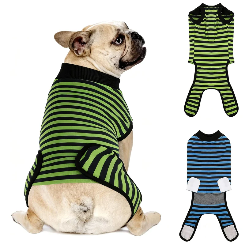QUEARN Combinaison de récupération pour chien – 2 pièces, coton respirant, sans collerette, protection des plaies, taille S, bleu et rayures vertes